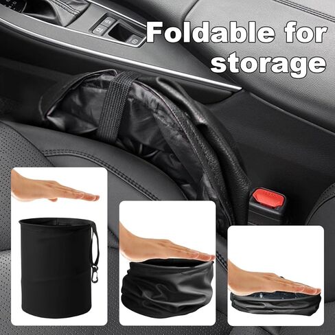 Collapsible Trash Can Car Garbage Bag - Leather Pop-up Car Trash Bin with Elastic Band - Hanging Foldable Garbage Can Vehicle Waste Basket Bin - Double-Layer Washable Bag for Cars Camping (Black) in Kuwait