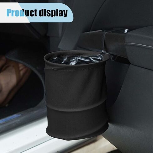 Collapsible Trash Can Car Garbage Bag - Leather Pop-up Car Trash Bin with Elastic Band - Hanging Foldable Garbage Can Vehicle Waste Basket Bin - Double-Layer Washable Bag for Cars Camping (Black) in Kuwait