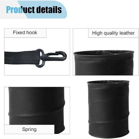 Collapsible Trash Can Car Garbage Bag - Leather Pop-up Car Trash Bin with Elastic Band - Hanging Foldable Garbage Can Vehicle Waste Basket Bin - Double-Layer Washable Bag for Cars Camping (Black) in Kuwait