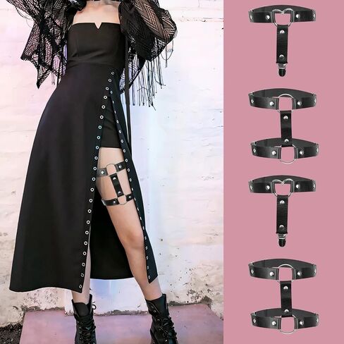 4PCS Leather Thigh Harness Adjustable Elastic 2 Rows Leather Leg Harness Garter Belt Punk Gothic Thigh Ring Garter for Women and Girls in Saudi Arabia