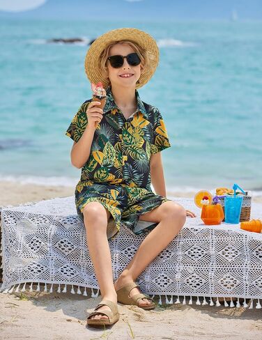 Arshiner Boys 2 Piece Outfits Hawaiian Shorts Sets Button Down Shirt and Shorts Summer Beach Clothes for 2-12 Years in Kuwait