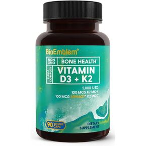 كبسولات فيتامين D3 K2 من BioEmblem (5000 وحدة دولية و200 ميكروجرام) - MK7 وMK4 حاصلة على براءة اختراع لدعم مركب 3 في 1 - مكمل نباتي فيتامين D K2 للأسنان والقلب والجهاز المناعي - غير معدل وراثيًا، 90 كبسولة