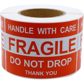 FungLam 4'' x 6'' Fragile Stickers, Fragile - Handle with Care - Do Not Drop - Thank You Shipping and Packing Warning Stickers - 500 Permanent Adhesive Labels Per Roll (1 Pack)