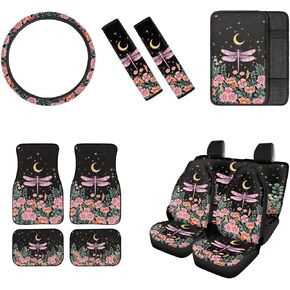 JEOCODY Blue Rose Print Car Interior Accessories Sets 12 Packs, 4 Pcs Seat Covers+2 Front Mats+2 Rear Mats+1 Steering Wheel Cover+ 1 Armrest Cover Pad+2 Seatbelt Pads, Universal Fit for Women