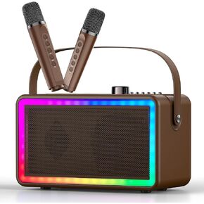 Wooden Karaoke Machine for Adults Kids with Two UHF Microphones, Portable Pa System, Rechargeable Bluetooth Speaker with Bass for Boys Girls, Supports Live/AUX/TF Card/USB, 8 LED, Gifts Brown