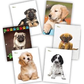 New Generation - Puppies - 2 Pocket Folders/Portfolio 6 Pack Letter Size with 3 Hole Punch to use with Your Binder Heavy Duty Glossy Finish UV Laminated Folder - Assorted 6 Fashion Design (6 Pack)