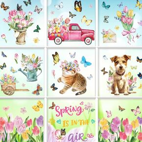 9 PCS Spring Window Clings Stickers Truck Extra Large Flower Window Clings Double-Sided Window Decals Butterfly Flower Designs Spring Window Clings for Glass Windows