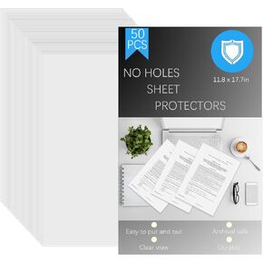 No Holes Sheet Protectors 11.8" x 17.7" Clear View Sheet Protectors Top Loading Page Protectors Plastic Sheet Sleeves Pack of 50