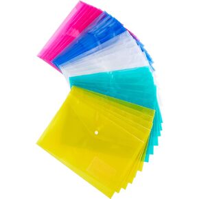 H&S A4 Plastic Folders for Documents - Pack of 30 - Clear Envelopes with Snap Closure - Reusable & Multi-Colored Plastic Set w/Pockets