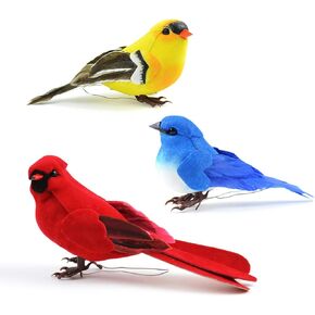 Set of 3 Artificial Birds for Decoration, Floral Arrangements and Arts & Crafts | Red Cardinal, Eastern Bluebird & American Goldfinch