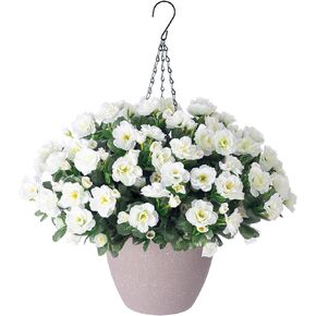 Artificial Fake Hanging Outdoor Flowers Plants Basket for Spring Summer Decoration, Faux Silk UV Sun Resistant Look Real Camellia in Planter Hotpink for Outside Porch Patio Balcony Home Garden