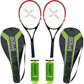 2-Player Aluminum Tennis Racket Set - includes Two Rackets. Six All Court Balls, and Two Carry Cases - Available in 23" or 27"
