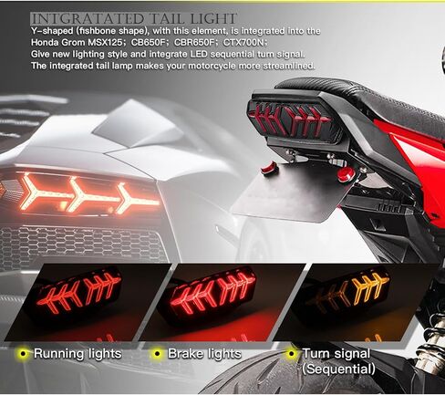 Anki HappiGo دراجة نارية LED ضوء خلفي متكامل مع إشارة الانعطاف المتسلسل مصباح تشغيل دراجة نارية الفرامل الخلفية الخلفية متوافق مع Honda GROM MSX125/SF CB650F CBR650F CTX700N (أسود) in Kuwait