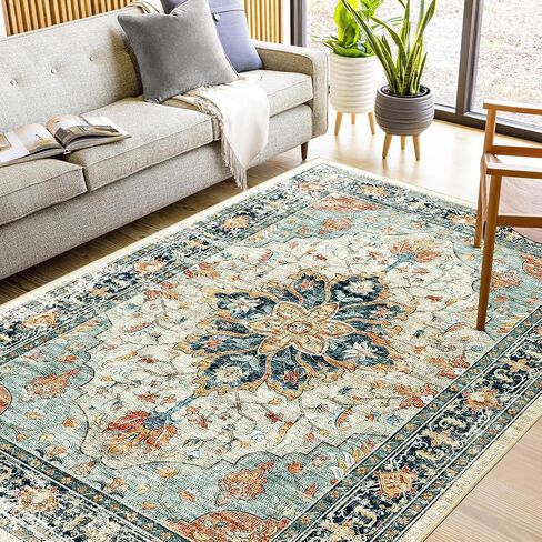 5x7 Area Rugs 5x7, Washable Rug, Non-Slip, Rugs for Living Room, Kitchen Rugs, Rugs for Bedroom Entryway Rug, Vintage Rugs Boho Floral Medallion, Low Pile, Soft, Teal Green Lake Bluee in Saudi Arabia