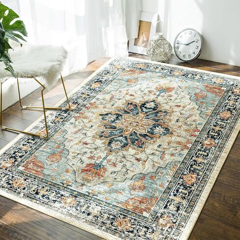 5x7 Area Rugs 5x7, Washable Rug, Non-Slip, Rugs for Living Room, Kitchen Rugs, Rugs for Bedroom Entryway Rug, Vintage Rugs Boho Floral Medallion, Low Pile, Soft, Teal Green Lake Bluee in Saudi Arabia