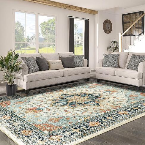 5x7 Area Rugs 5x7, Washable Rug, Non-Slip, Rugs for Living Room, Kitchen Rugs, Rugs for Bedroom Entryway Rug, Vintage Rugs Boho Floral Medallion, Low Pile, Soft, Teal Green Lake Bluee in Saudi Arabia