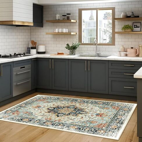 5x7 Area Rugs 5x7, Washable Rug, Non-Slip, Rugs for Living Room, Kitchen Rugs, Rugs for Bedroom Entryway Rug, Vintage Rugs Boho Floral Medallion, Low Pile, Soft, Teal Green Lake Bluee in Saudi Arabia