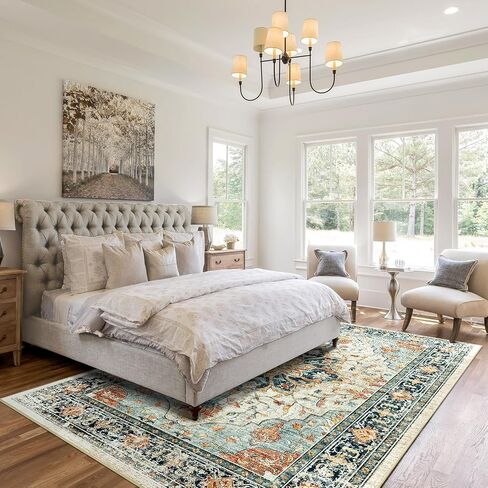 5x7 Area Rugs 5x7, Washable Rug, Non-Slip, Rugs for Living Room, Kitchen Rugs, Rugs for Bedroom Entryway Rug, Vintage Rugs Boho Floral Medallion, Low Pile, Soft, Teal Green Lake Bluee in Saudi Arabia