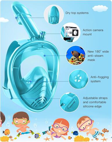 Snorkeling Gear for Kids, Full Face Snorkel Mask Kids with Breathability No Leakage, Kids Snorkel Set for Ages 6-14 with Adjustable Strap Camera Mount and Mesh Bag (Green) in Saudi Arabia