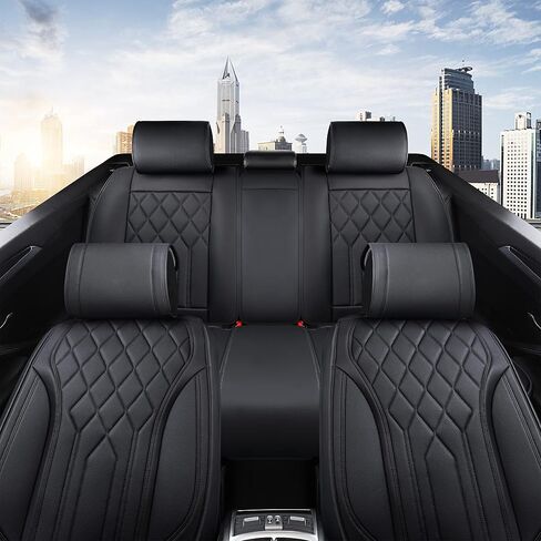 PIC AUTO Car Seat Cover Full Set, Front Bucket Seat Covers with Split Bench Car Seat Cover Set, Mesh and Leather Universal Fit Most Cars, SUVs, and Trucks (Black) in Saudi Arabia