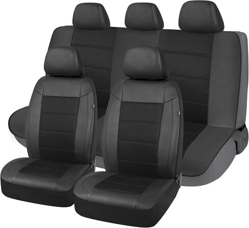 PIC AUTO Car Seat Cover Full Set, Front Bucket Seat Covers with Split Bench Car Seat Cover Set, Mesh and Leather Universal Fit Most Cars, SUVs, and Trucks (Black) in Saudi Arabia