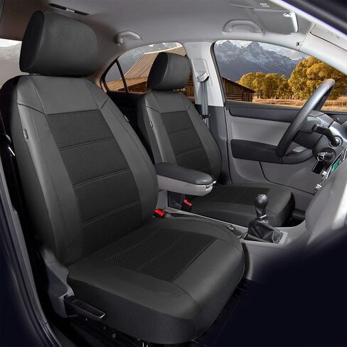 PIC AUTO Car Seat Cover Full Set, Front Bucket Seat Covers with Split Bench Car Seat Cover Set, Mesh and Leather Universal Fit Most Cars, SUVs, and Trucks (Black) in Saudi Arabia