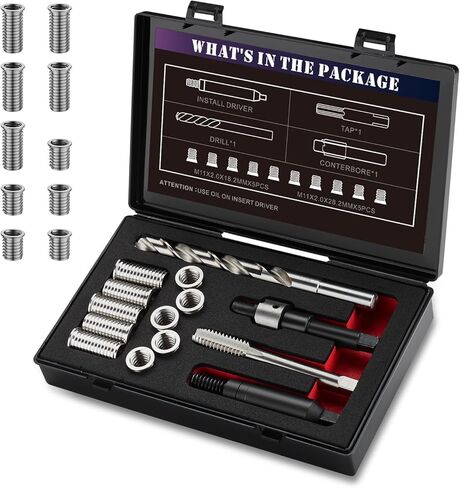 طقم إصلاح الخيوط M11X2.0 مع مثقاب HSS، صنبور، تجويف مضاد، محرك التثبيت، متري، مقاسين من الفولاذ المقاوم للصدأ 5 قطع 16.2 ملم و5 قطع 28.2 ملم in Kuwait