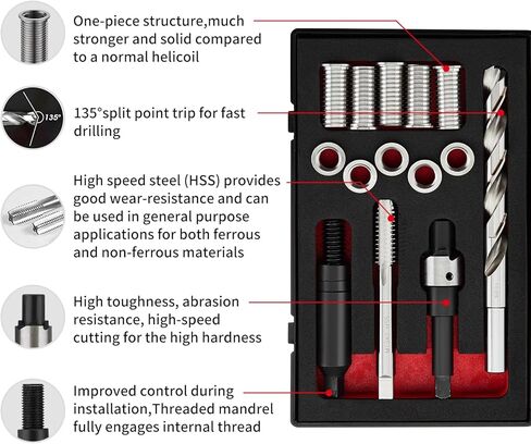 طقم إصلاح الخيوط M11X2.0 مع مثقاب HSS، صنبور، تجويف مضاد، محرك التثبيت، متري، مقاسين من الفولاذ المقاوم للصدأ 5 قطع 16.2 ملم و5 قطع 28.2 ملم in Kuwait