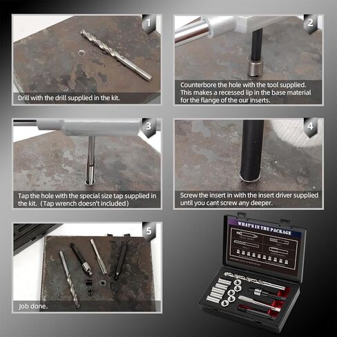 طقم إصلاح الخيوط M11X2.0 مع مثقاب HSS، صنبور، تجويف مضاد، محرك التثبيت، متري، مقاسين من الفولاذ المقاوم للصدأ 5 قطع 16.2 ملم و5 قطع 28.2 ملم in Kuwait