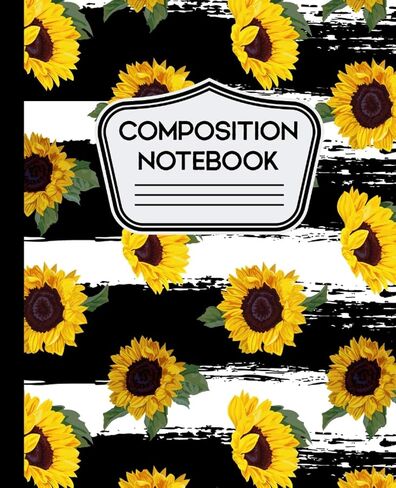 Composition Notebook: Sunflowers Pattern on Black and White Striped Background - 7.5" X 9.25" - Wide Ruled 110 Pages in Saudi Arabia