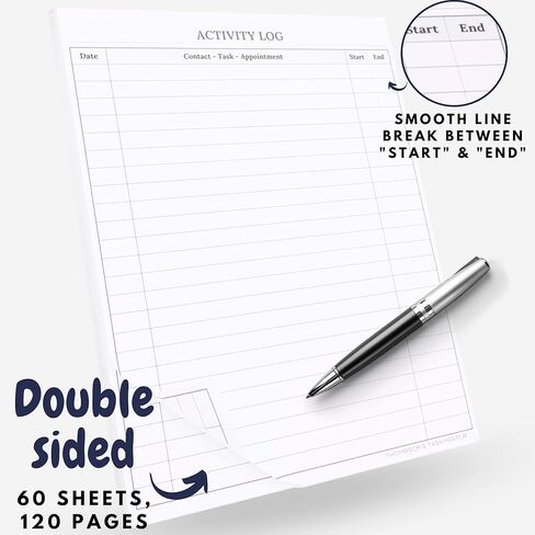 Activity Log (60-sheets, 120 pages) front-back, Notepad for Offices & Productivity, Tasks Appointments Contacts, w/ backplate for better writing, 100gsm quality paper no tear or bleed - Designed in in Saudi Arabia