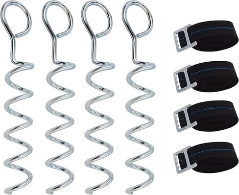 4-Pc Pack Spiral Stakes Heavy Duty Anchor Kit for Trampoline Steel Stakes Anchor Kit for Trampolines, Tents, tarps, Canopies,car Ports,Dog tie Out and etc Bonus Tie Down Straps 4-Pc Pack(Silver) in Saudi Arabia