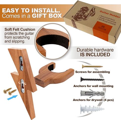 TESLYAR Guitar Holder Wall Mount Ash Wood Wooden Guitar Hanger Hook Stand Rack Guitar Hanger for Electric Classic Acoustic and Bass Guitar Musical Instruments Hardwood (Beige) in Kuwait