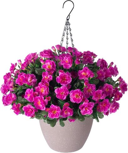 Artificial Fake Hanging Outdoor Flowers Plants Basket for Spring Summer Decoration, Faux Silk UV Sun Resistant Look Real Camellia in Planter Hotpink for Outside Porch Patio Balcony Home Garden in Saudi Arabia