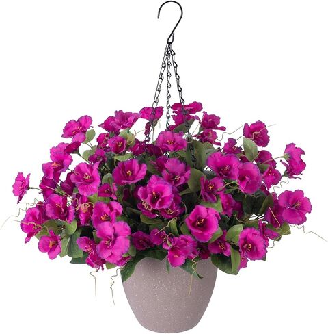 Artificial Fake Hanging Outdoor Flowers Plants Basket for Spring Summer Decoration, Faux Silk UV Sun Resistant Look Real Camellia in Planter Hotpink for Outside Porch Patio Balcony Home Garden in Saudi Arabia