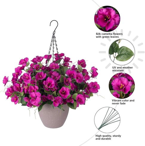 Artificial Fake Hanging Outdoor Flowers Plants Basket for Spring Summer Decoration, Faux Silk UV Sun Resistant Look Real Camellia in Planter Hotpink for Outside Porch Patio Balcony Home Garden in Saudi Arabia