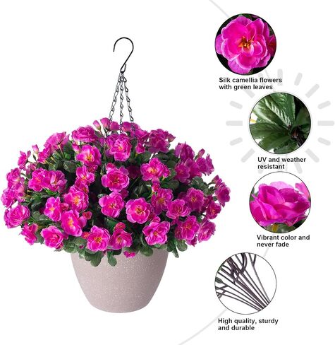Artificial Fake Hanging Outdoor Flowers Plants Basket for Spring Summer Decoration, Faux Silk UV Sun Resistant Look Real Camellia in Planter Hotpink for Outside Porch Patio Balcony Home Garden in Saudi Arabia