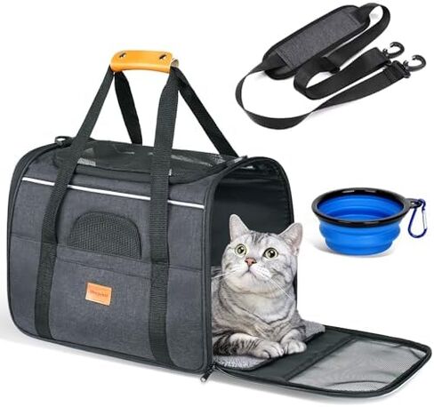 Morpilot Cat Carrier - Soft Sided Cat Carrier Large for Big Medium Cats and Puppy up to 15lbs, Pet Carrier with Safety Zippers, Foldable Bowl, Airline Approved Large Cat Carrier - Dark Gray in Kuwait