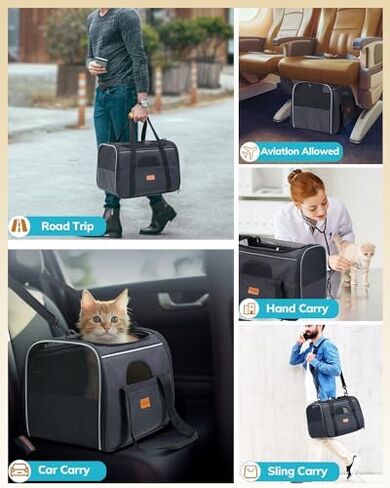 Morpilot Cat Carrier - Soft Sided Cat Carrier Large for Big Medium Cats and Puppy up to 15lbs, Pet Carrier with Safety Zippers, Foldable Bowl, Airline Approved Large Cat Carrier - Dark Gray in Kuwait