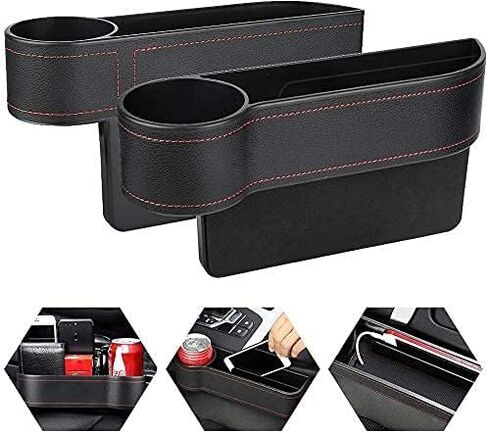 Car Seat Gap Filler, 2 Pack Multifunctional Car Seat Organizer with Cup Holder, Car Console Side Organizer for Cellphones, Wallets, Keys, Coin, Cards, Sunglasses, Passenger Side & Driver Side - Black in Saudi Arabia