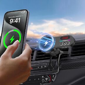 لجهاز إرسال MagSafe Bluetooth 5.3 FM اللاسلكي بقدرة 15 وات - مكالمات بدون استخدام اليدين، صوت HiFi Bass، دعم بطاقة TF/SD، شاشة LED، تركيب فتحة تهوية - متوافق مع iPhone 15 14 13 12 Pro Max
