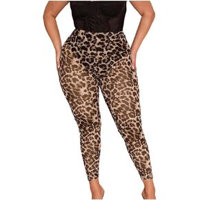 WDIRARA Women's Plus Size Leopard Print Leggings Sheer Mesh High Waist Skinny Pants