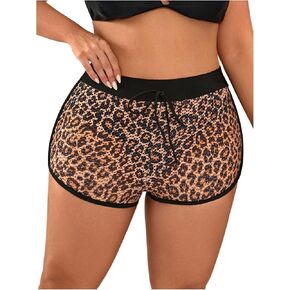 SweatyRocks Women's Plus Size Leopard Print Swim Shorts Drawstring Waist Swimsuit Board Shorts