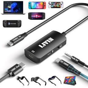 محول نظارات LIVIN AR، USB C إلى XREAL/Rokid/VITURE/RayNeo، 3 في 1، 4K @ 60 هرتز + شاحن 100 وات + منفذ صوت، التوصيل والتشغيل، غلاف من الألومنيوم، لهاتف iPhone15، Android، شاشة محمولة، كمبيوتر شخصي، سويتش، SteamDeck، ROG Ally