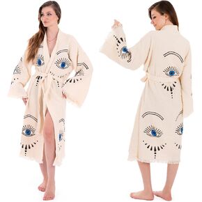Evil Eye Kimono, Women Cotton Robe, Boho Cardigan, Beach Cover up, Lightweight, Towel Muslin Breathable, Fabric Belted Dressing Caftan For Spa Pool Bath Gym