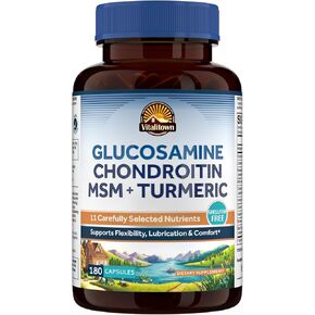 Vitalitown Glucosamine Chondroitin MSM, Turmeric, Collagen, Hyaluronic Acid, Boswellia, Quercetin, 11-in-1 Formula, Glucosamine Sulfate 1500 mg, No Shellfish, Flexibility & Comfort, 180 Caps