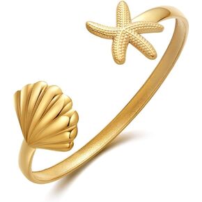 Summer Gold Cuff Bracelets For Women Gold Plated Cuff With Shell And Starfish Charm On Both Ends