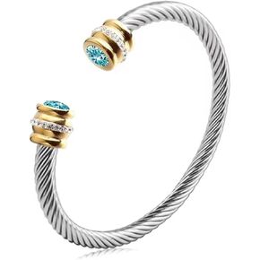 Personalized Cable Cuff Bracelet - Twisted Stainless Steel Bangle with 18K Gold and Birthstones, Custom Two Tone, Adjustable Jewelry Gift for Her