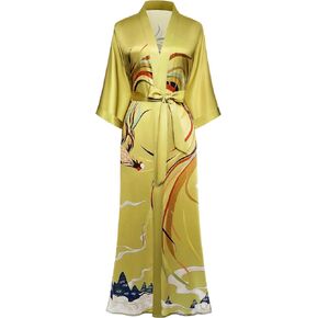 PRODESIGN Long Kimono Robe Satin Sleepwear Phoenix Handprinted Silky Nightgown Bathrobe Blouse Cardigan for Women