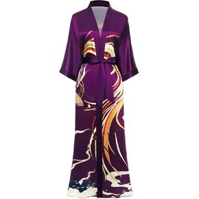PRODESIGN Long Kimono Robe Satin Sleepwear Phoenix Handprinted Silky Nightgown Bathrobe Blouse Cardigan for Women in Kuwait